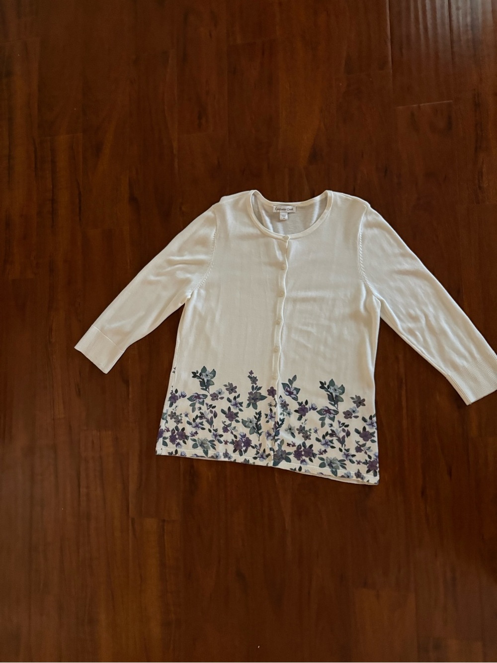 Coldwater Creek Cardigan size Medium Ivory with purple flowers around bottom